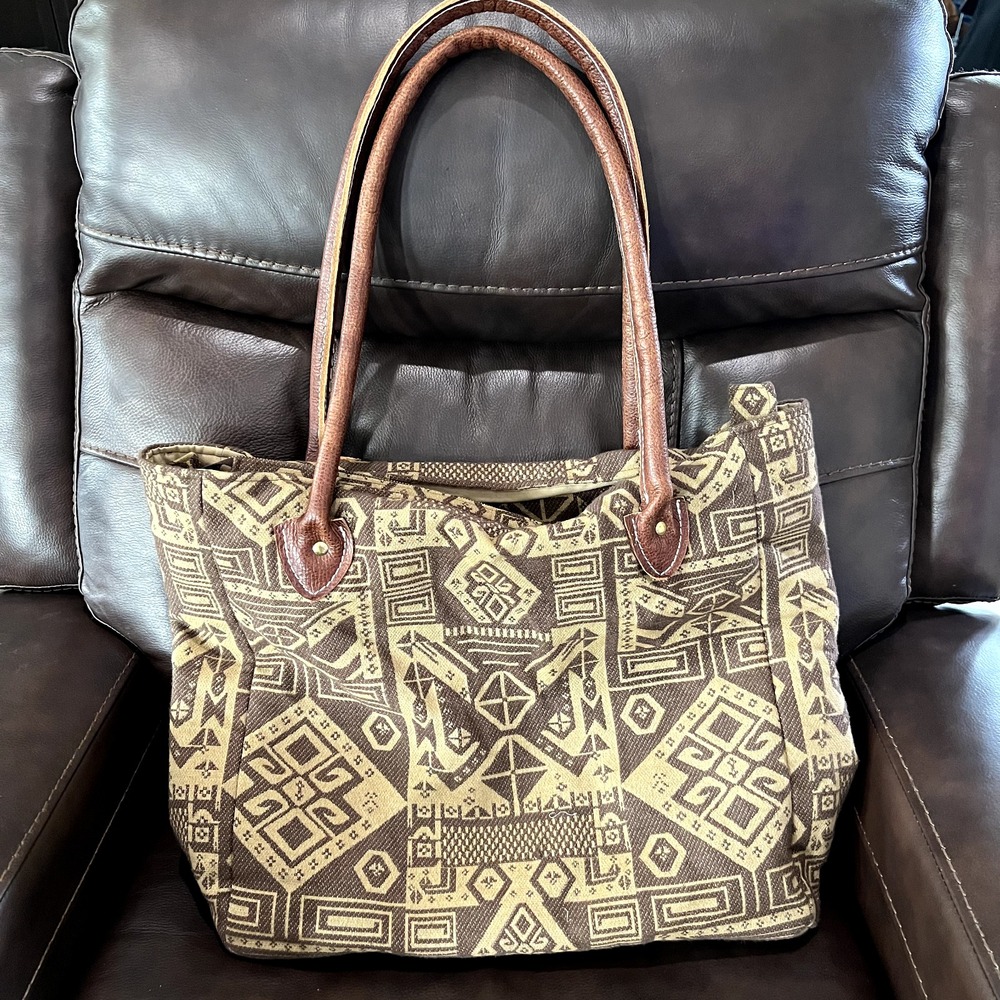 Brown‎ XL Tote Travel Handmade Canvas with Leather Handles Zippered